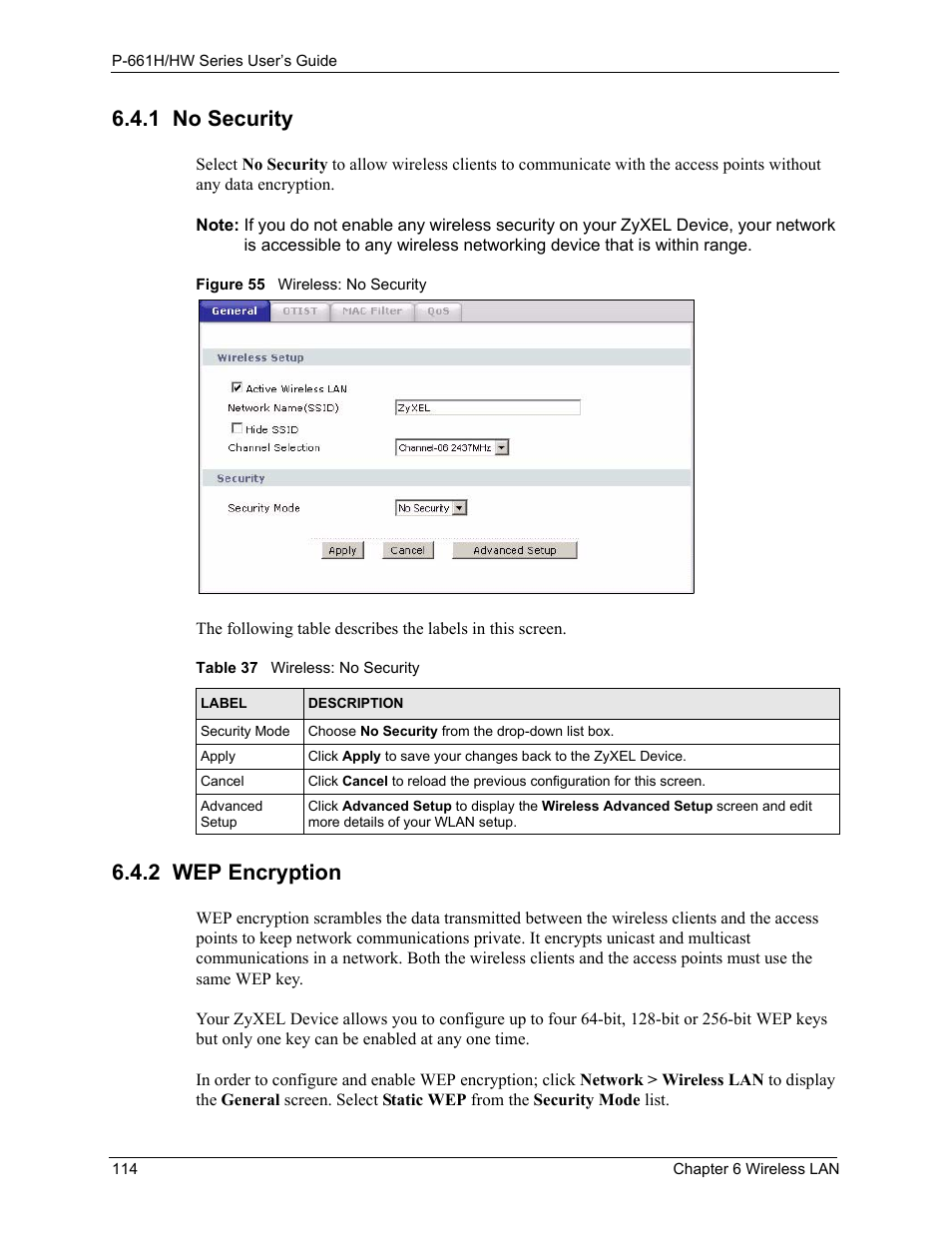 1 no security, 2 wep encryption, 1 no security 6.4.2 wep encryption | Figure 55 wireless: no security, Table 37 wireless: no security | ZyXEL Communications P-661H Series User Manual | Page 114 / 383