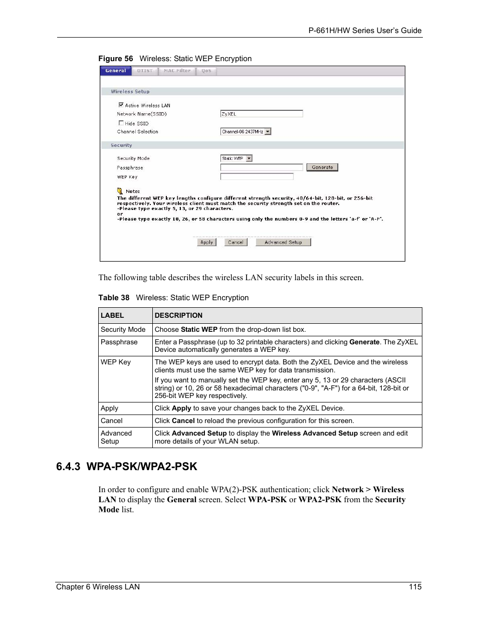 3 wpa-psk/wpa2-psk, Figure 56 wireless: static wep encryption, Table 38 wireless: static wep encryption | ZyXEL Communications P-661H Series User Manual | Page 115 / 383