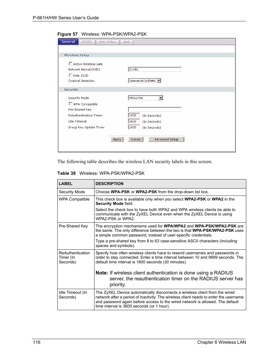 Figure 57 wireless: wpa-psk/wpa2-psk, Table 39 wireless: wpa-psk/wpa2-psk | ZyXEL Communications P-661H Series User Manual | Page 116 / 383