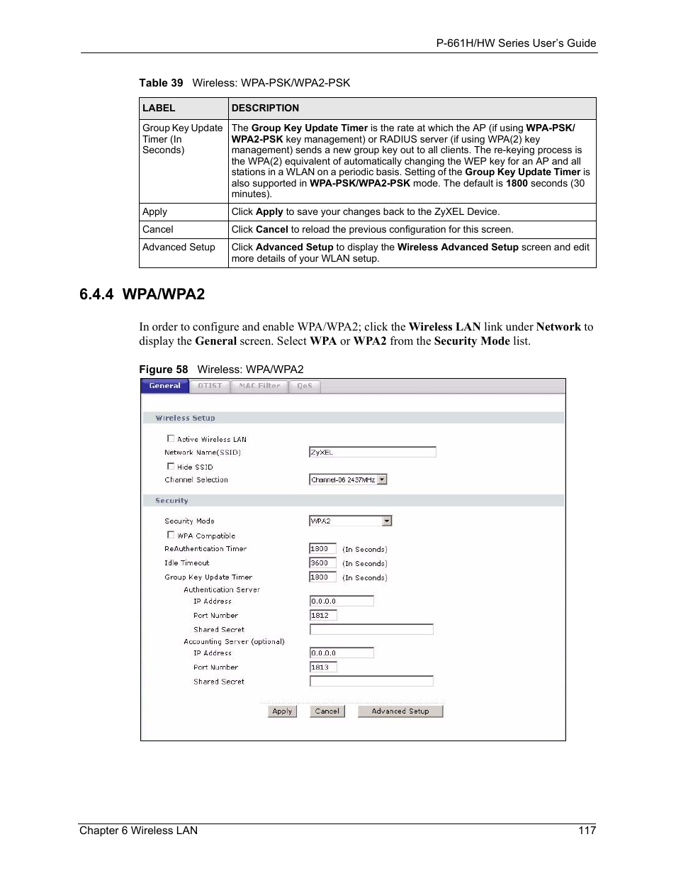 4 wpa/wpa2, Figure 58 wireless: wpa/wpa2 | ZyXEL Communications P-661H Series User Manual | Page 117 / 383