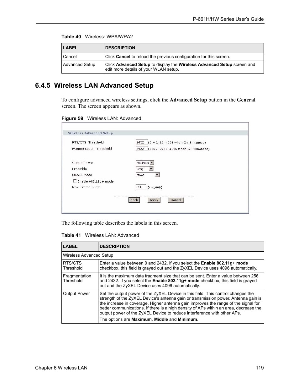 5 wireless lan advanced setup, Figure 59 wireless lan: advanced, Table 41 wireless lan: advanced | ZyXEL Communications P-661H Series User Manual | Page 119 / 383