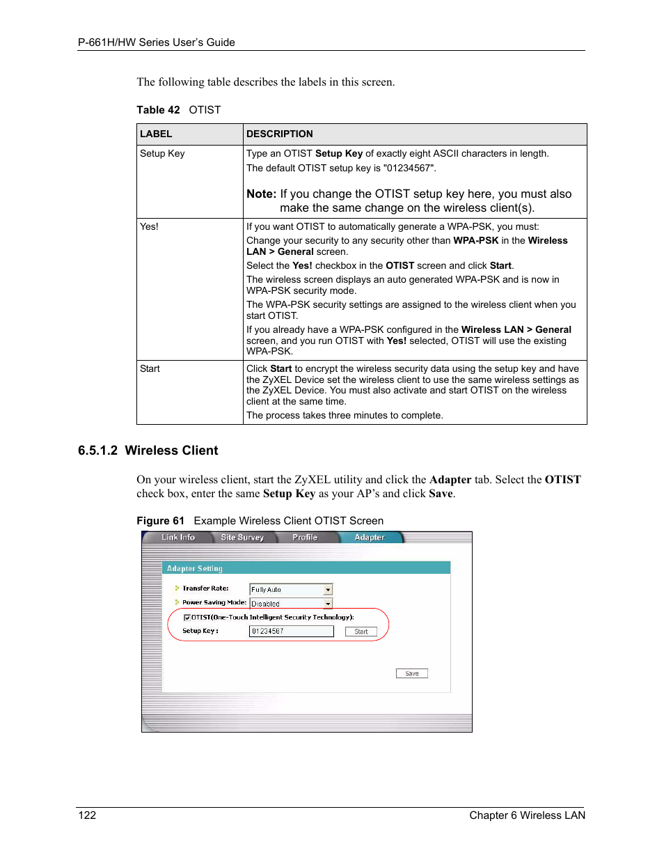 2 wireless client, Figure 61 example wireless client otist screen, Table 42 otist | ZyXEL Communications P-661H Series User Manual | Page 122 / 383