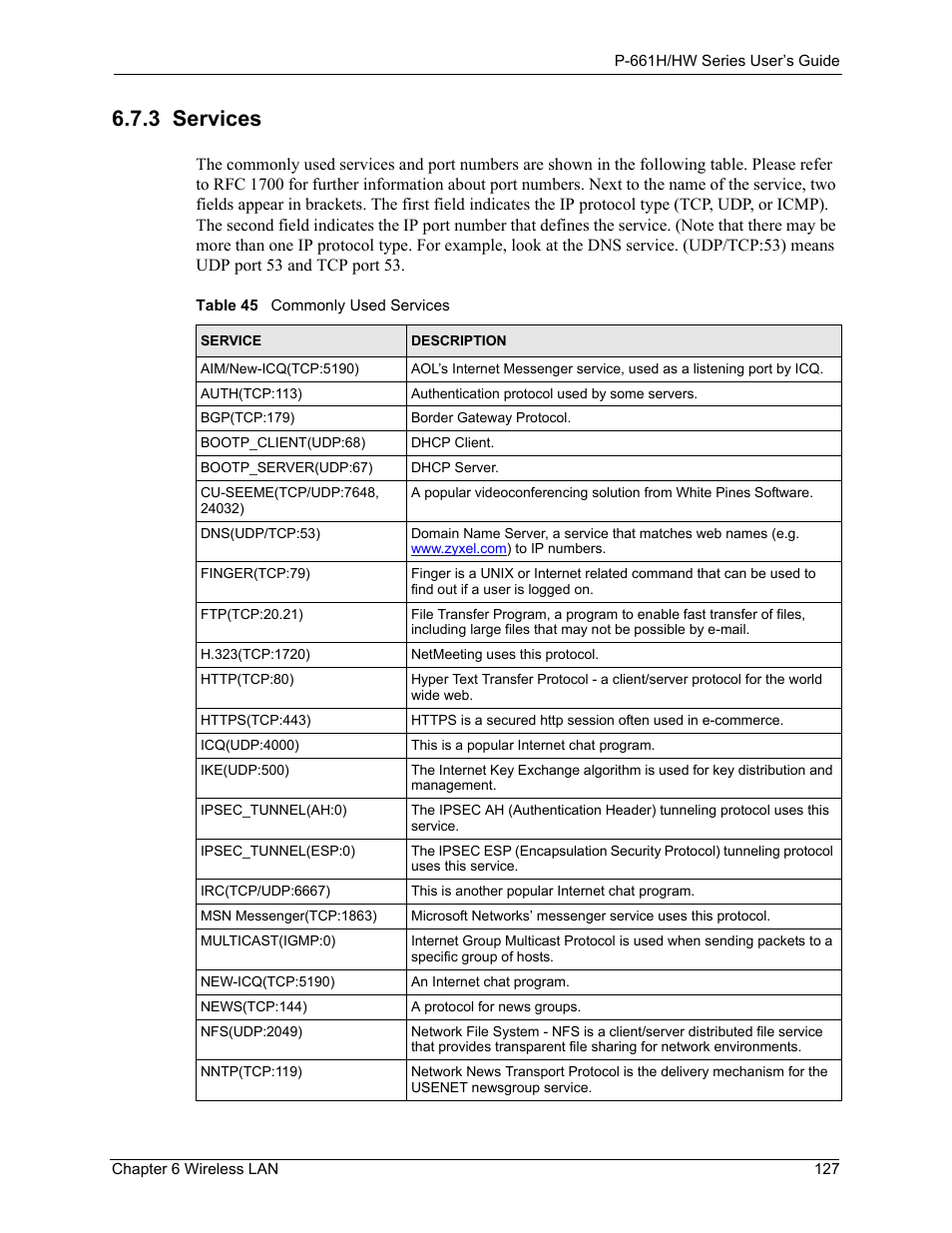 3 services, Table 45 commonly used services | ZyXEL Communications P-661H Series User Manual | Page 127 / 383