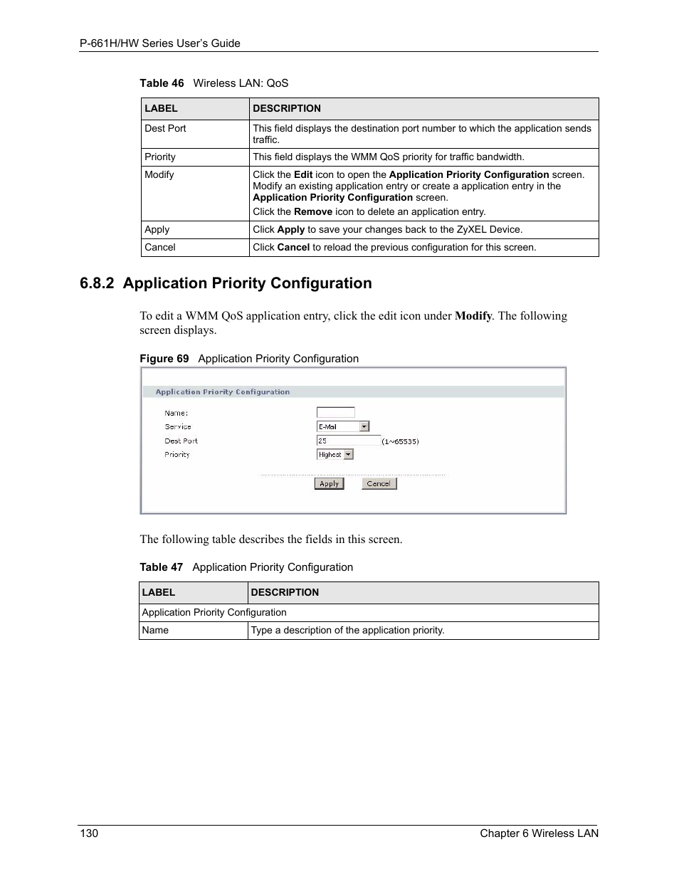 2 application priority configuration, Figure 69 application priority configuration, Table 47 application priority configuration | ZyXEL Communications P-661H Series User Manual | Page 130 / 383