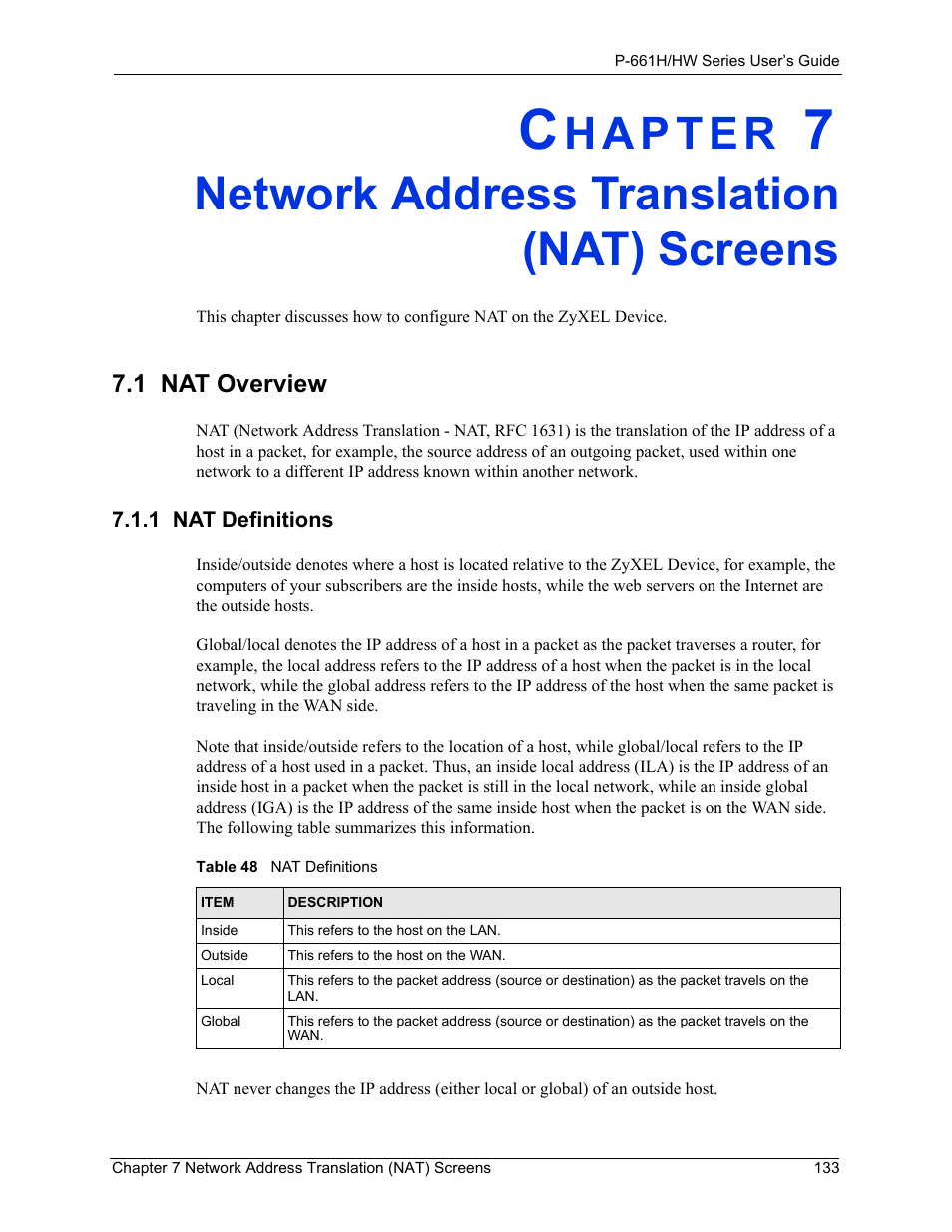 Network address translation (nat) screens, 1 nat overview, 1 nat definitions | Table 48 nat definitions | ZyXEL Communications P-661H Series User Manual | Page 133 / 383