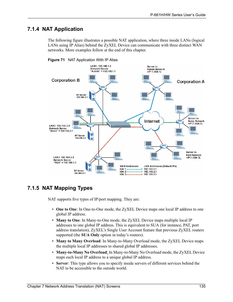 4 nat application, 5 nat mapping types, 4 nat application 7.1.5 nat mapping types | Figure 71 nat application with ip alias | ZyXEL Communications P-661H Series User Manual | Page 135 / 383