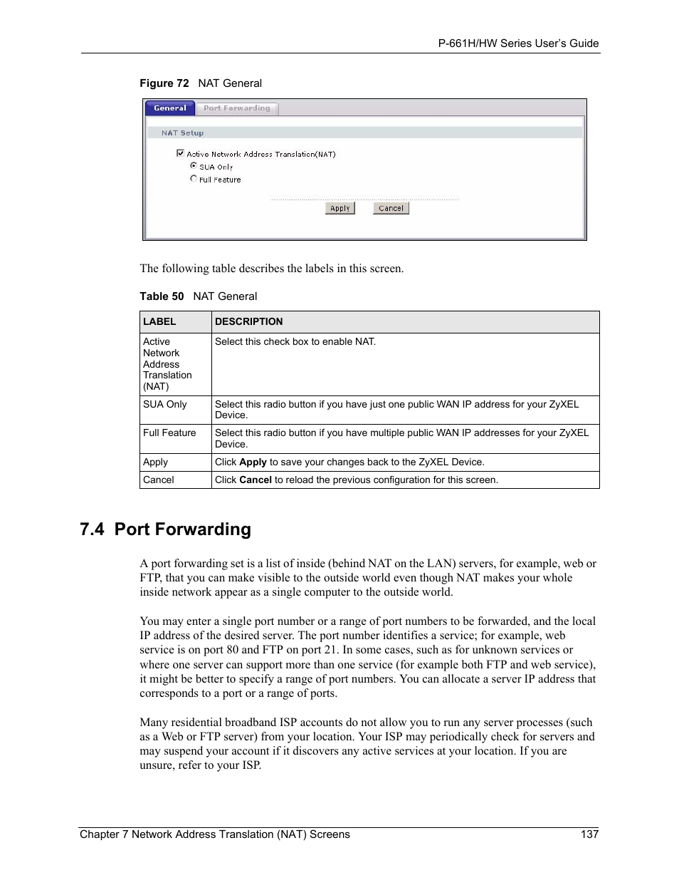 4 port forwarding, Figure 72 nat general, Table 50 nat general | ZyXEL Communications P-661H Series User Manual | Page 137 / 383