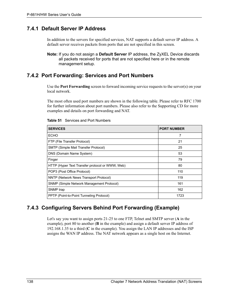 1 default server ip address, 2 port forwarding: services and port numbers, Table 51 services and port numbers | ZyXEL Communications P-661H Series User Manual | Page 138 / 383