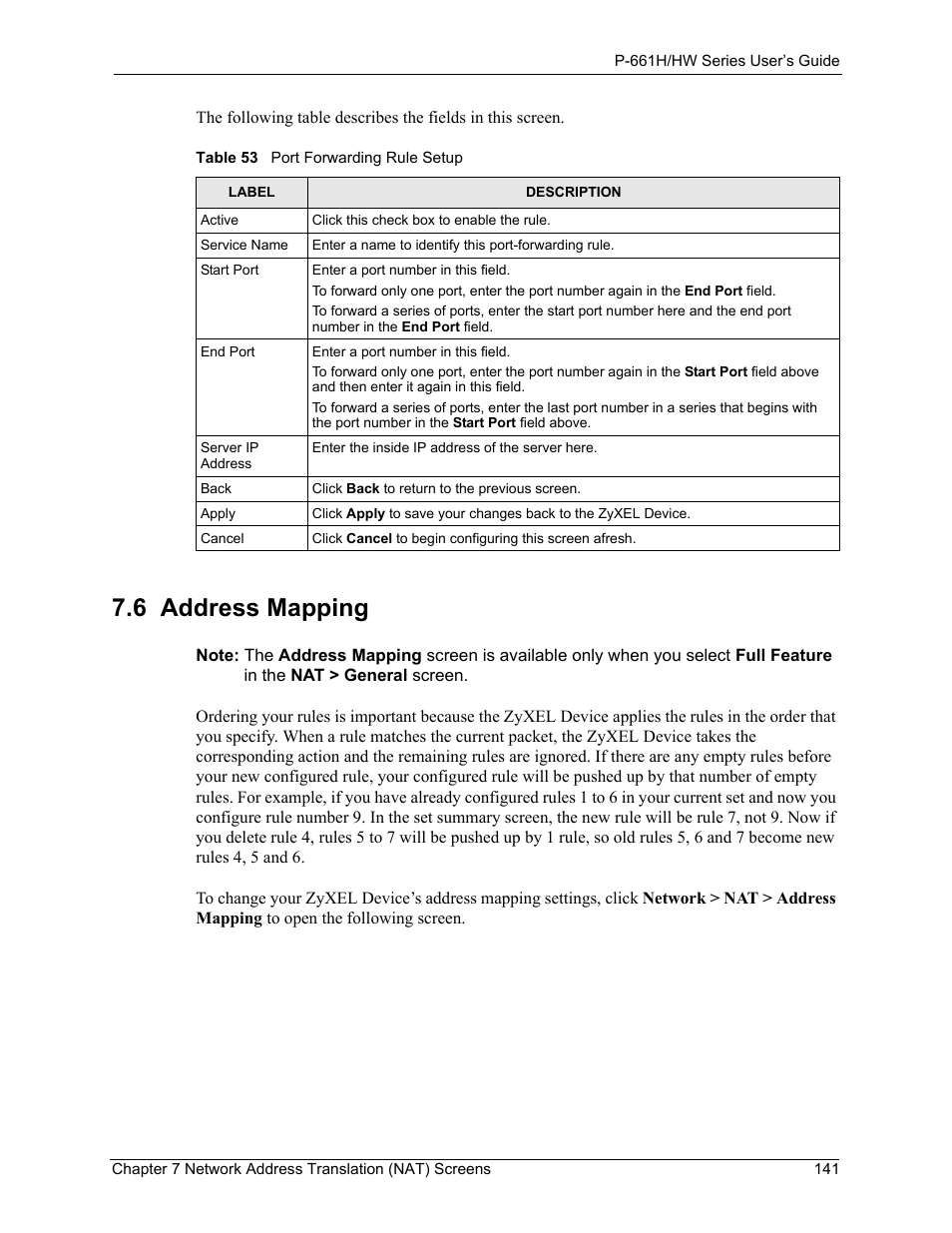 6 address mapping, Table 53 port forwarding rule setup | ZyXEL Communications P-661H Series User Manual | Page 141 / 383