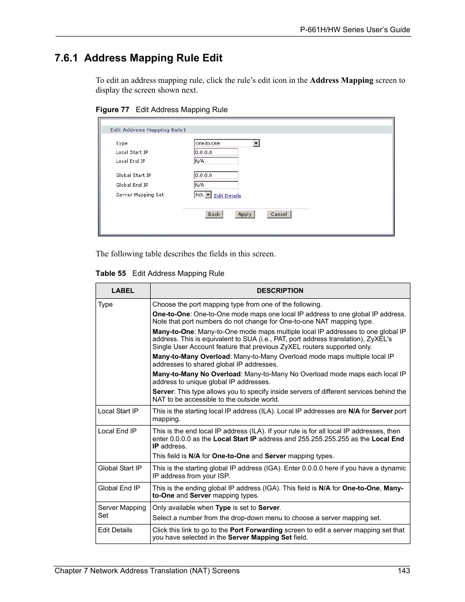 1 address mapping rule edit, Figure 77 edit address mapping rule, Table 55 edit address mapping rule | ZyXEL Communications P-661H Series User Manual | Page 143 / 383