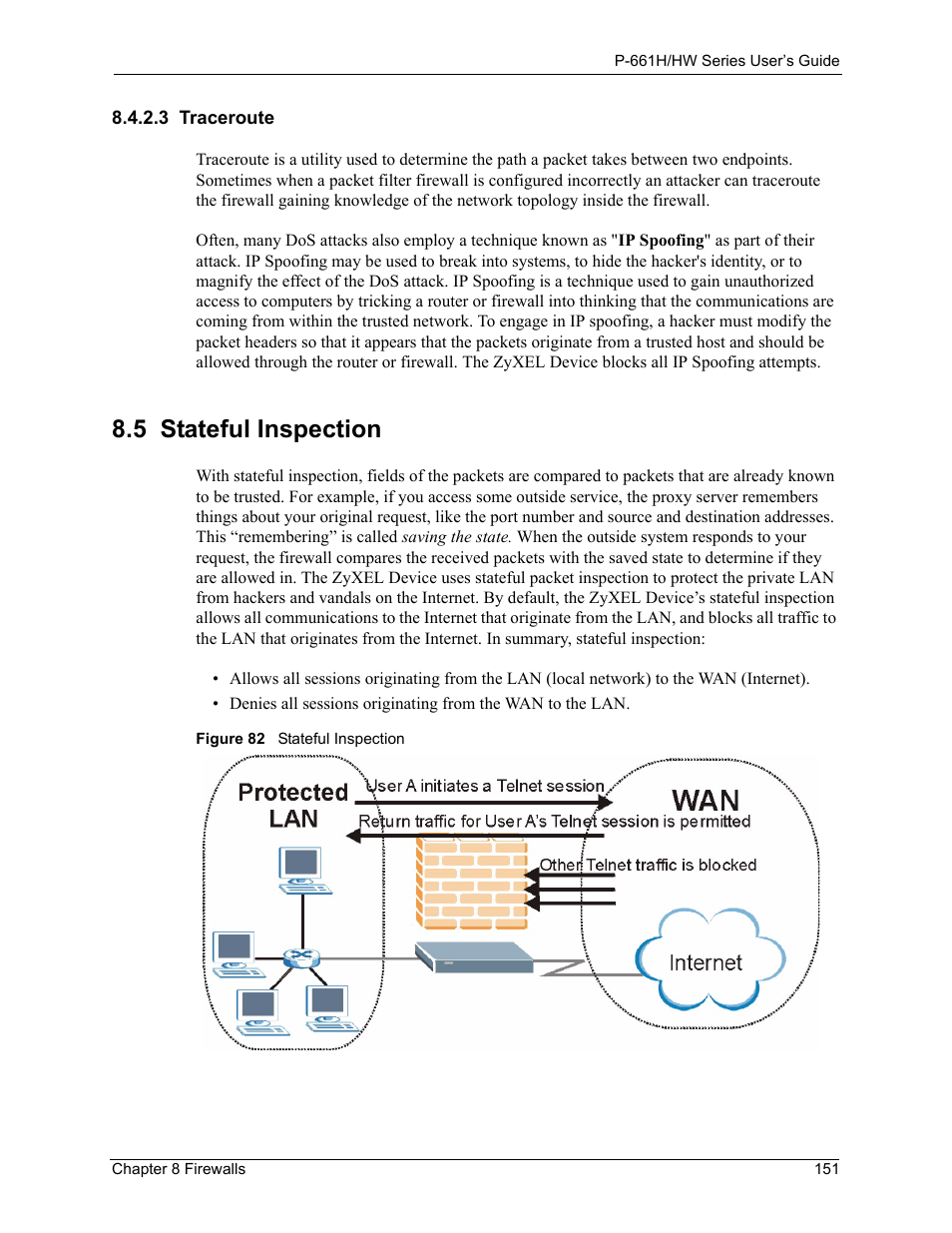 5 stateful inspection, 3 traceroute, Figure 82 stateful inspection | ZyXEL Communications P-661H Series User Manual | Page 151 / 383