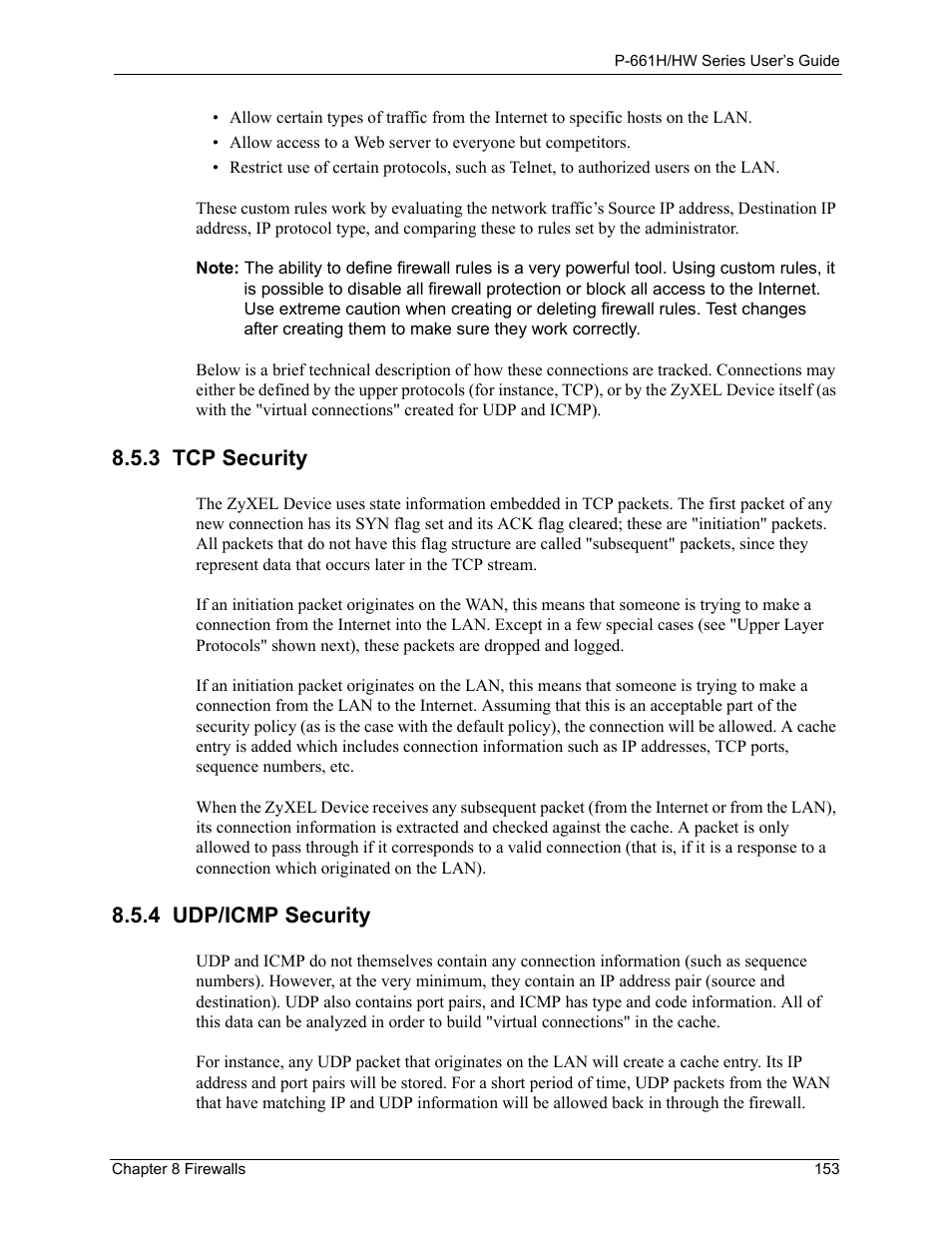 3 tcp security, 4 udp/icmp security, 3 tcp security 8.5.4 udp/icmp security | ZyXEL Communications P-661H Series User Manual | Page 153 / 383