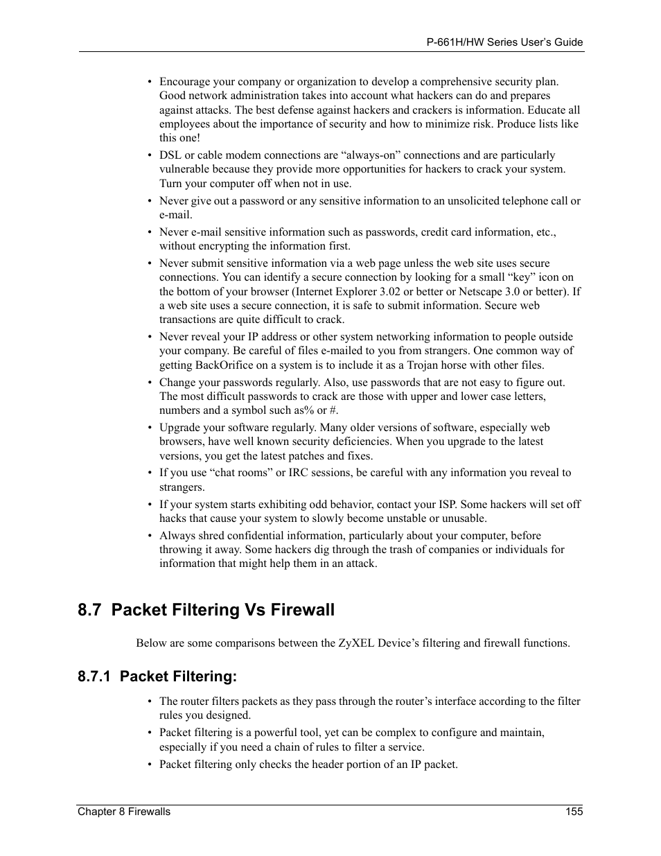 7 packet filtering vs firewall, 1 packet filtering | ZyXEL Communications P-661H Series User Manual | Page 155 / 383