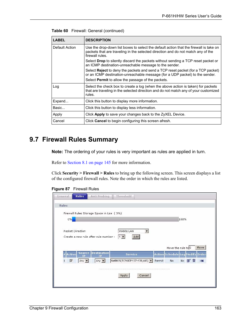 7 firewall rules summary, Figure 87 firewall rules, Refer to | ZyXEL Communications P-661H Series User Manual | Page 163 / 383
