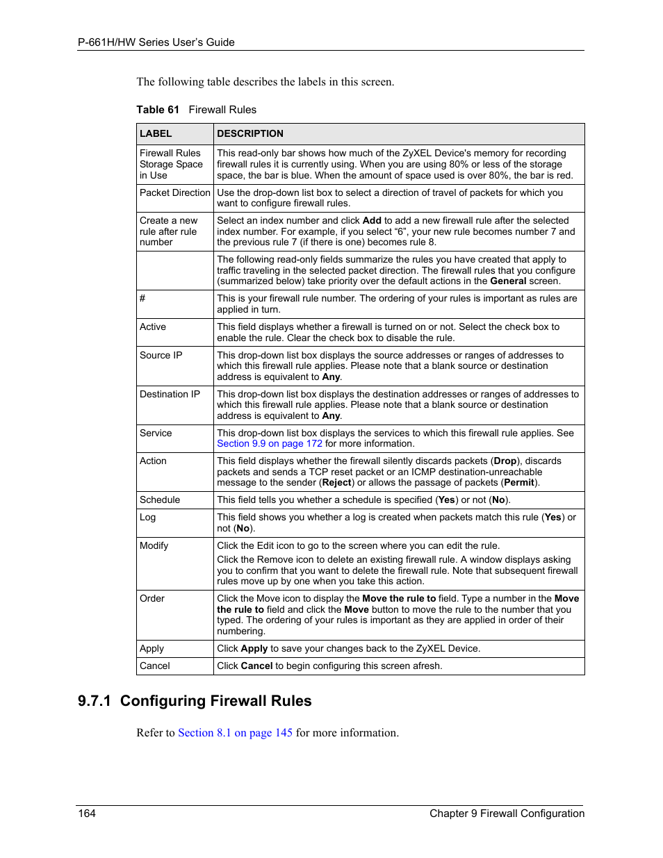 1 configuring firewall rules, Table 61 firewall rules, Refer to | To configure firew | ZyXEL Communications P-661H Series User Manual | Page 164 / 383