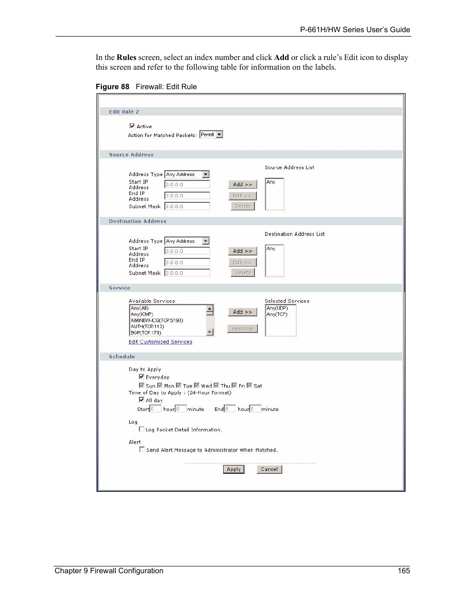 Figure 88 firewall: edit rule, Figure 88 | ZyXEL Communications P-661H Series User Manual | Page 165 / 383