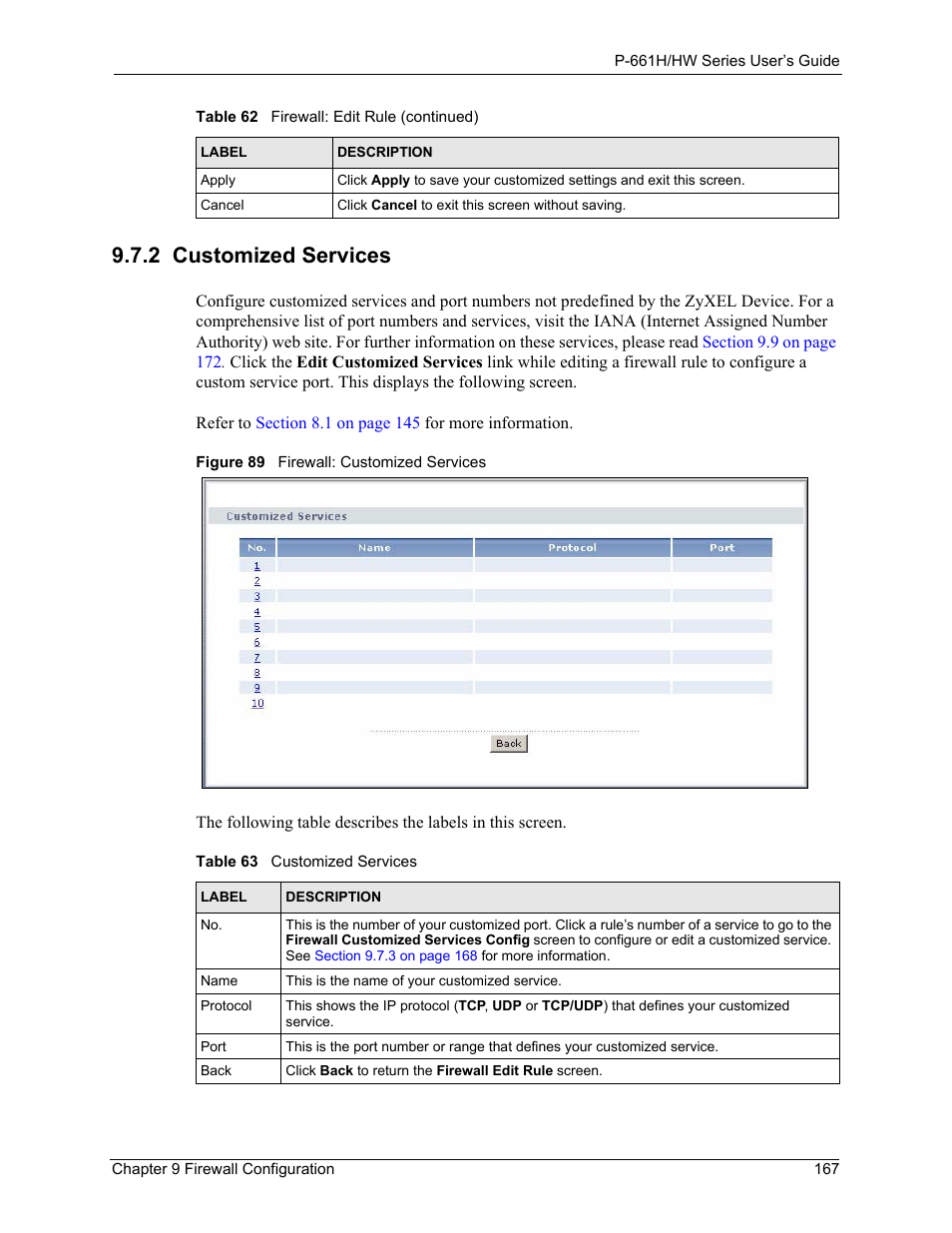 2 customized services, Figure 89 firewall: customized services, Table 63 customized services | Refer to, To configure a | ZyXEL Communications P-661H Series User Manual | Page 167 / 383