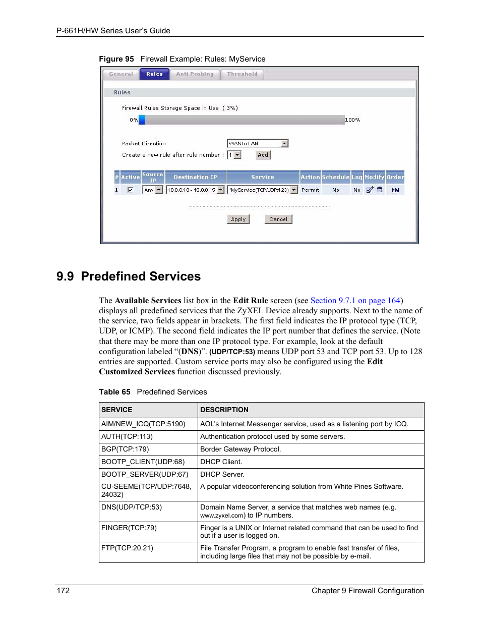 9 predefined services, Figure 95 firewall example: rules: myservice, Table 65 predefined services | ZyXEL Communications P-661H Series User Manual | Page 172 / 383