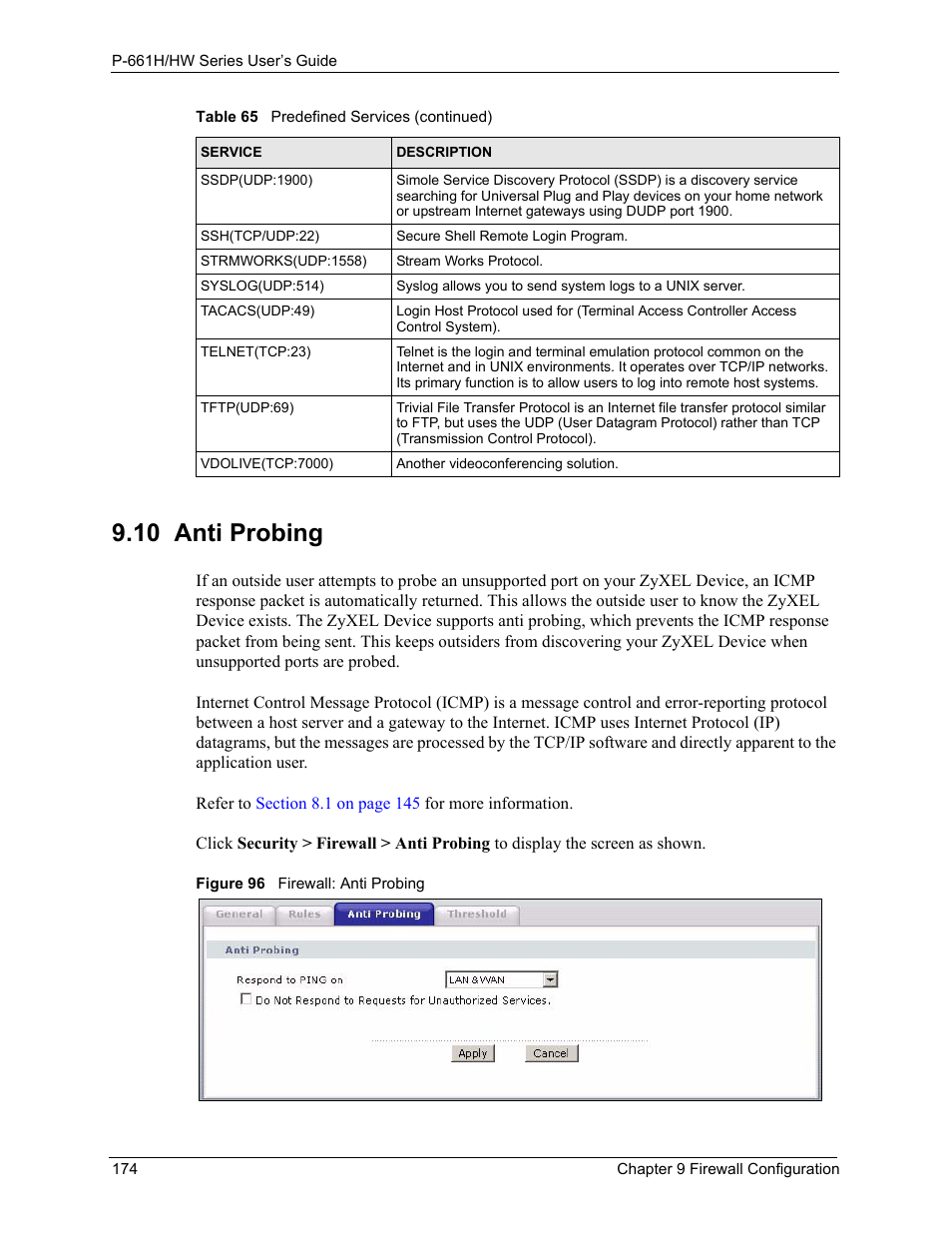 10 anti probing, Figure 96 firewall: anti probing | ZyXEL Communications P-661H Series User Manual | Page 174 / 383