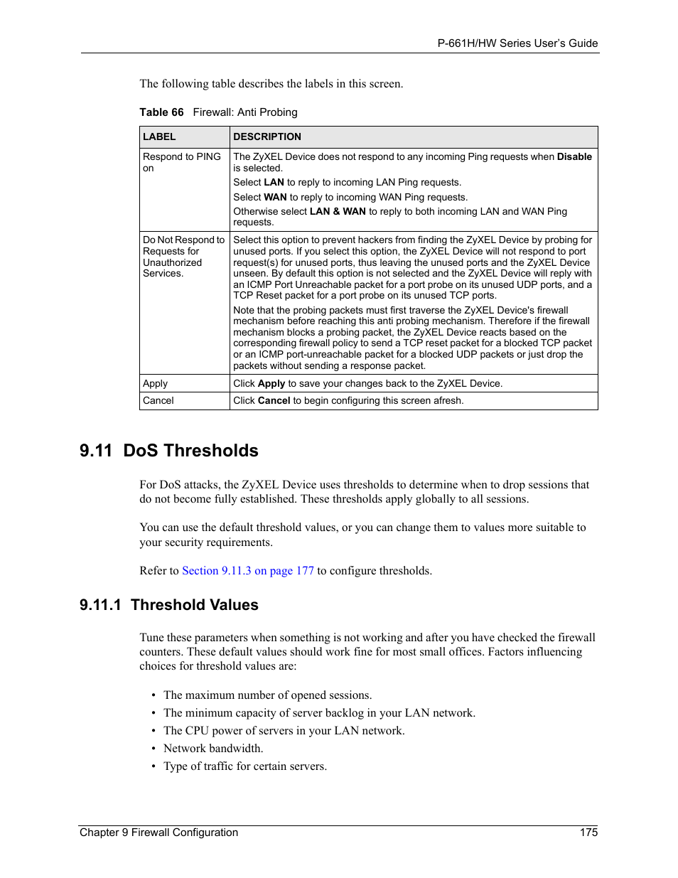 11 dos thresholds, 1 threshold values, Table 66 firewall: anti probing | ZyXEL Communications P-661H Series User Manual | Page 175 / 383