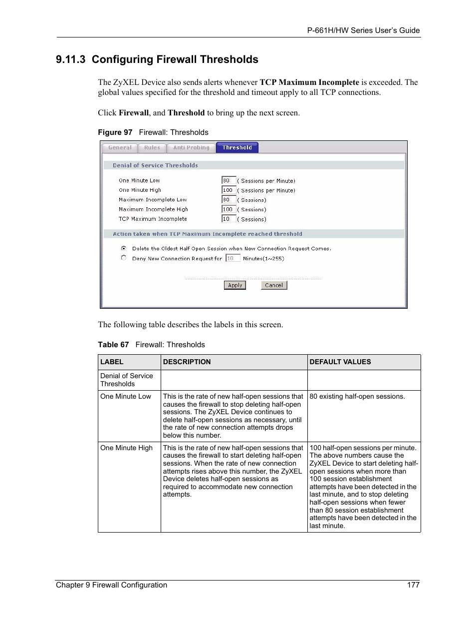 3 configuring firewall thresholds, Figure 97 firewall: thresholds, Table 67 firewall: thresholds | Refer to | ZyXEL Communications P-661H Series User Manual | Page 177 / 383