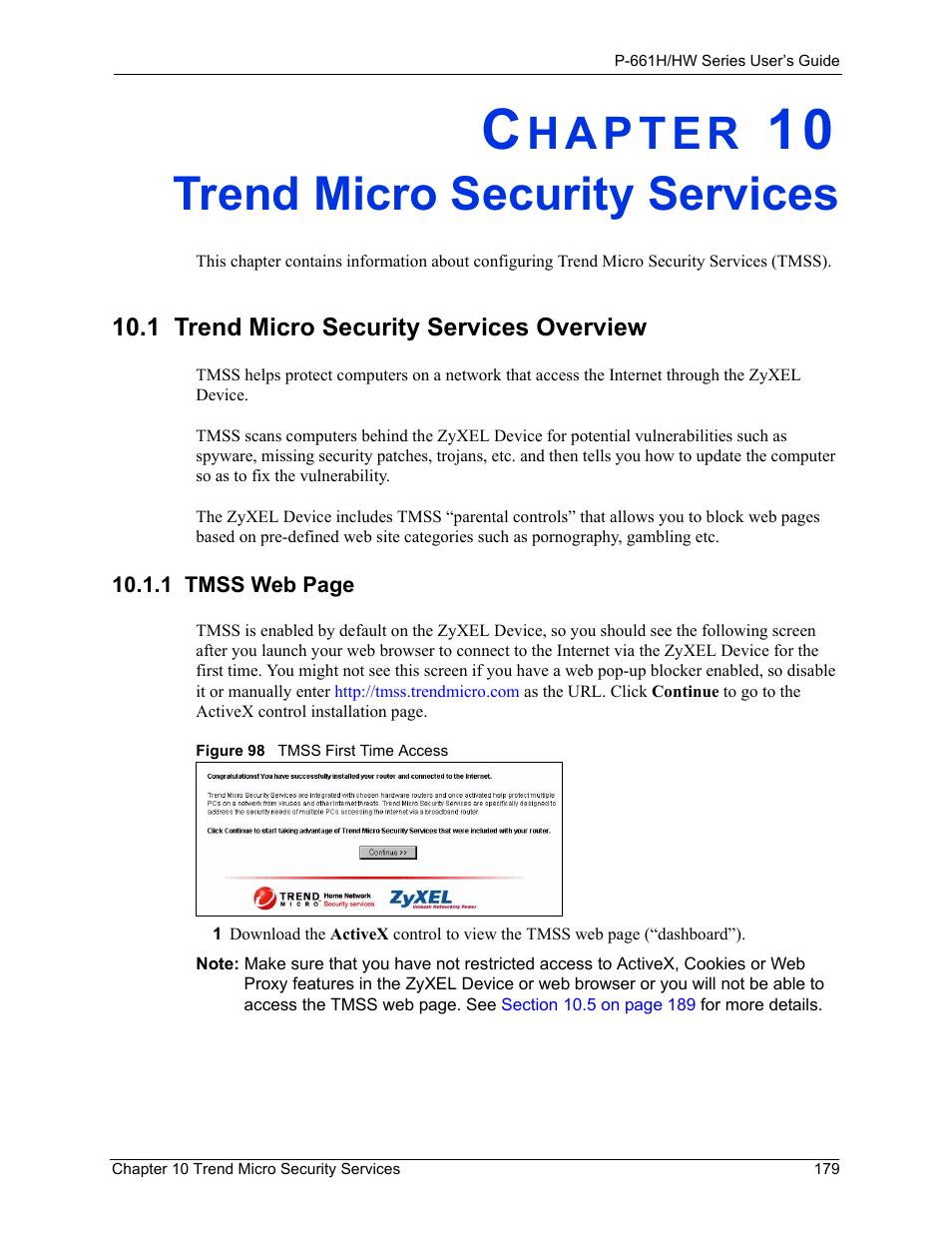 Trend micro security services, 1 trend micro security services overview, Chapter 10 trend micro security services | Figure 98 tmss first time access | ZyXEL Communications P-661H Series User Manual | Page 179 / 383