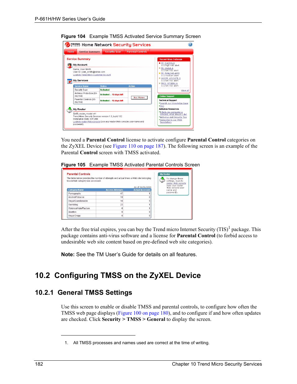 2 configuring tmss on the zyxel device, 1 general tmss settings | ZyXEL Communications P-661H Series User Manual | Page 182 / 383