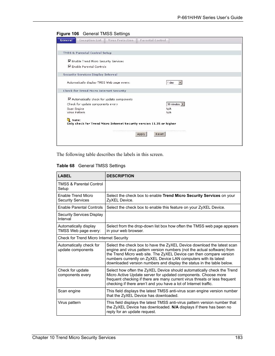 Figure 106 general tmss settings, Table 68 general tmss settings | ZyXEL Communications P-661H Series User Manual | Page 183 / 383