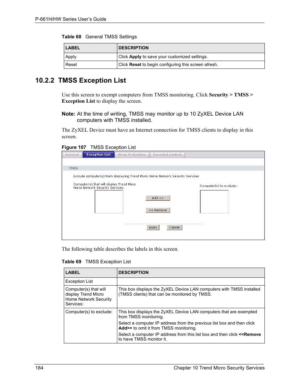 2 tmss exception list, Figure 107 tmss exception list, Table 69 tmss exception list | ZyXEL Communications P-661H Series User Manual | Page 184 / 383