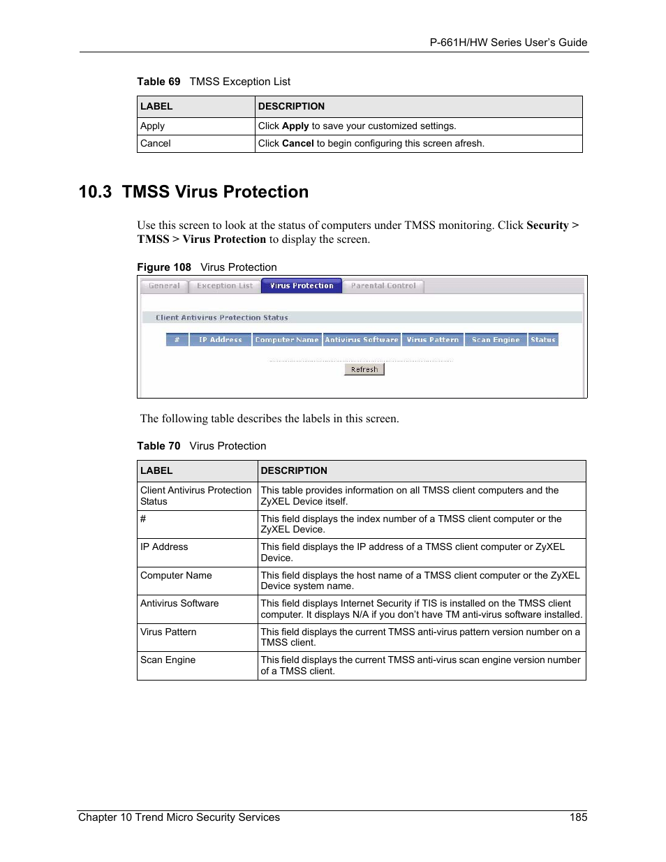 3 tmss virus protection, Figure 108 virus protection, Table 70 virus protection | ZyXEL Communications P-661H Series User Manual | Page 185 / 383