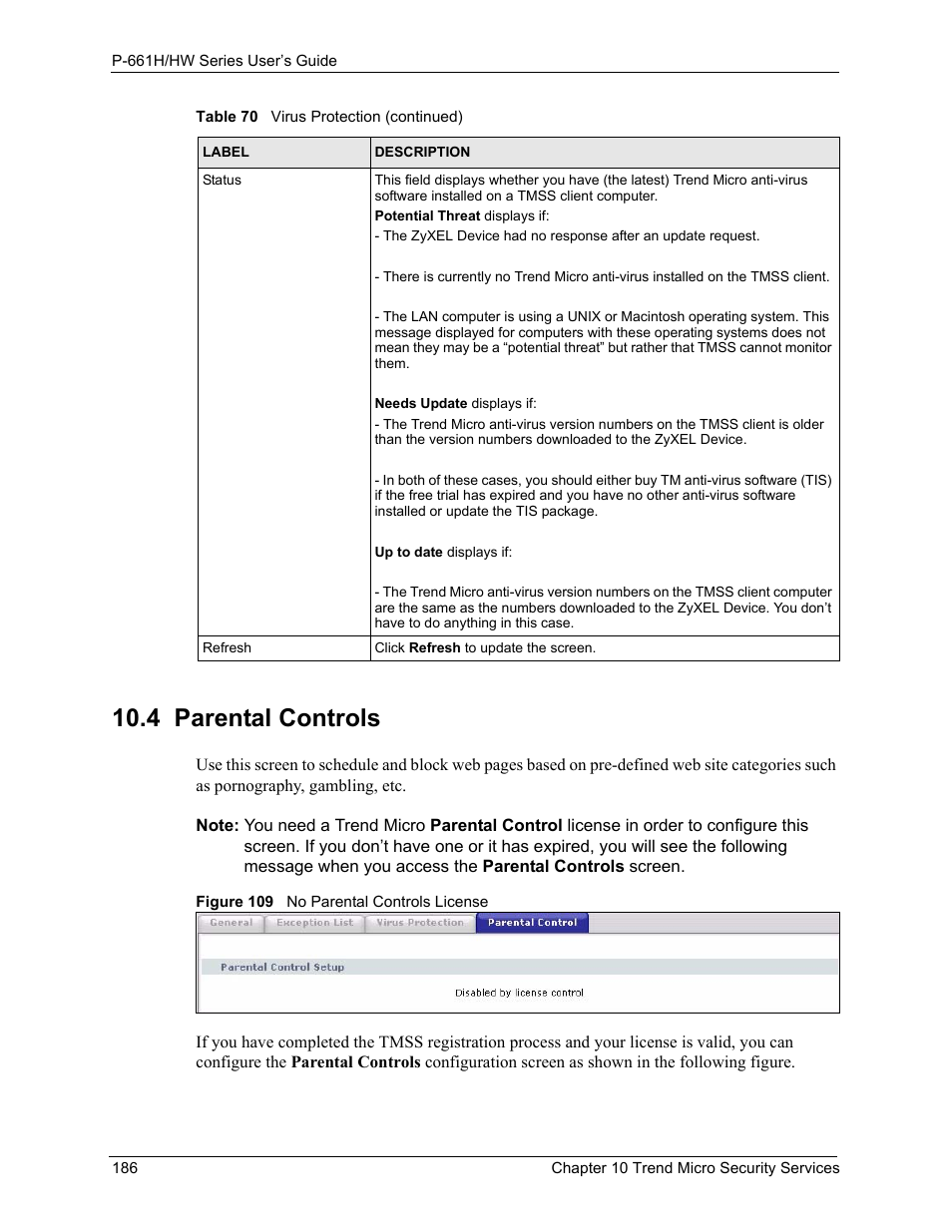 4 parental controls, Figure 109 no parental controls license | ZyXEL Communications P-661H Series User Manual | Page 186 / 383