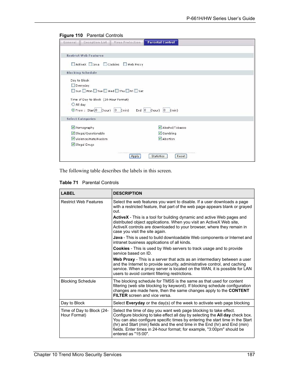 Figure 110 parental controls, Table 71 parental controls, The following sc | ZyXEL Communications P-661H Series User Manual | Page 187 / 383