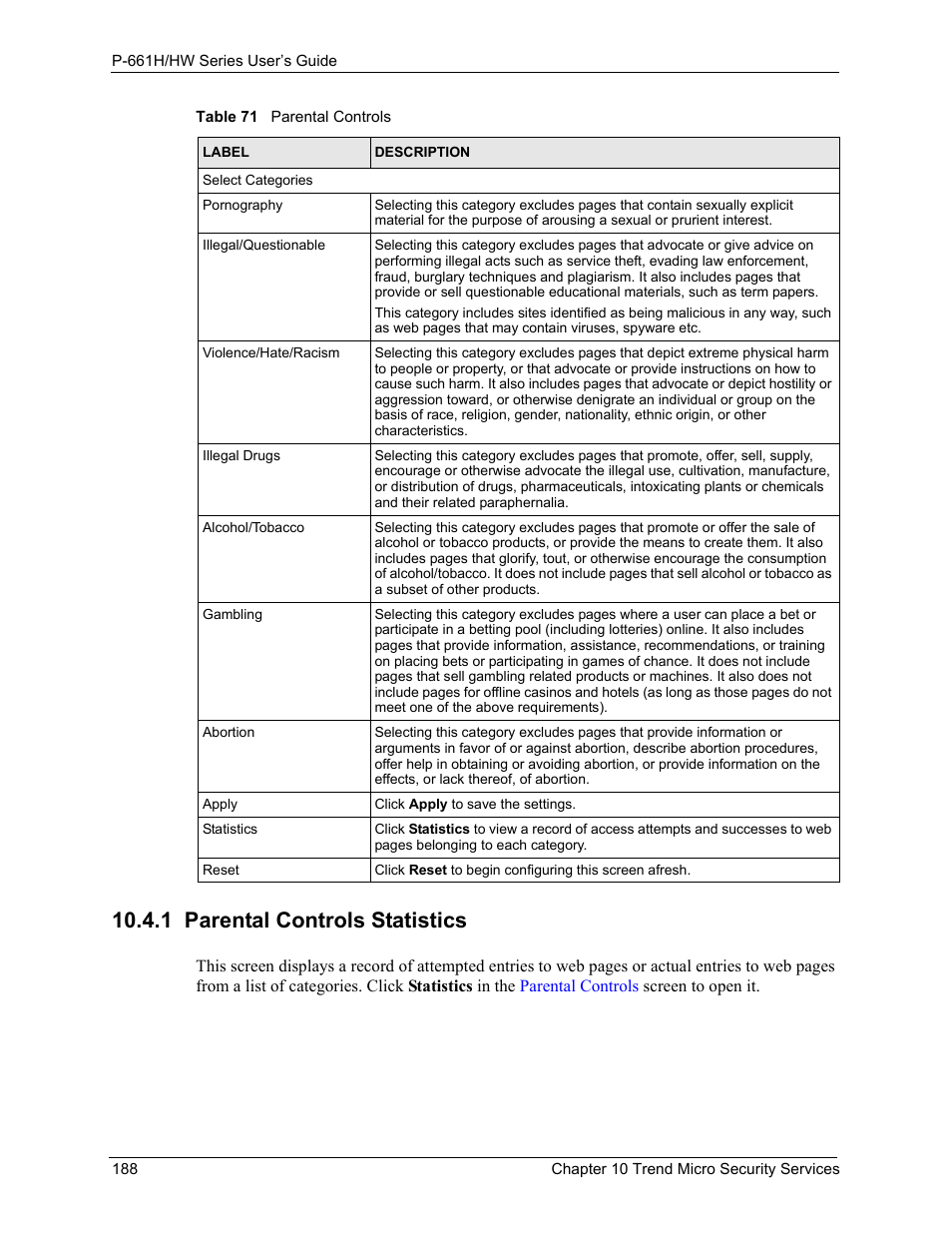 1 parental controls statistics | ZyXEL Communications P-661H Series User Manual | Page 188 / 383