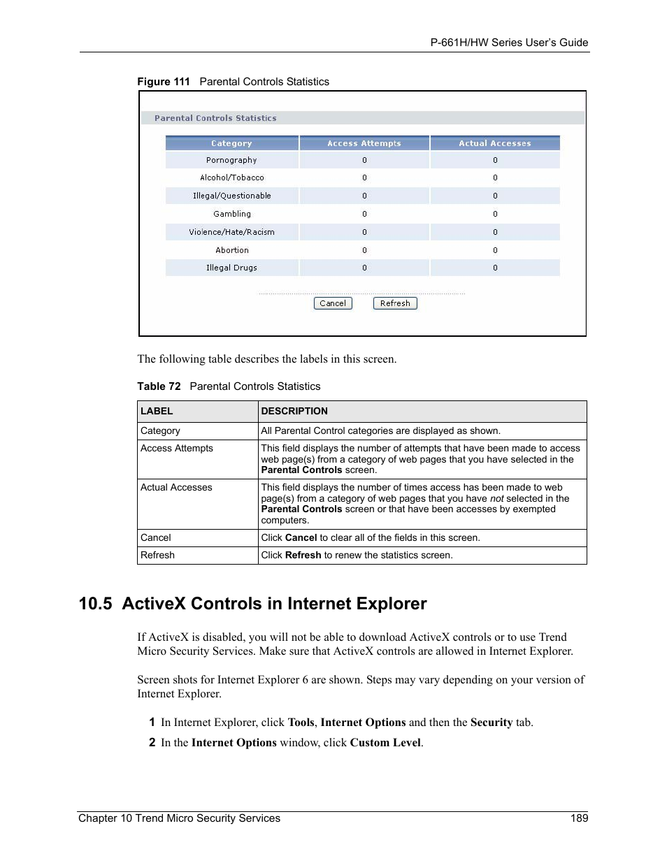 5 activex controls in internet explorer, Figure 111 parental controls statistics, Table 72 parental controls statistics | ZyXEL Communications P-661H Series User Manual | Page 189 / 383