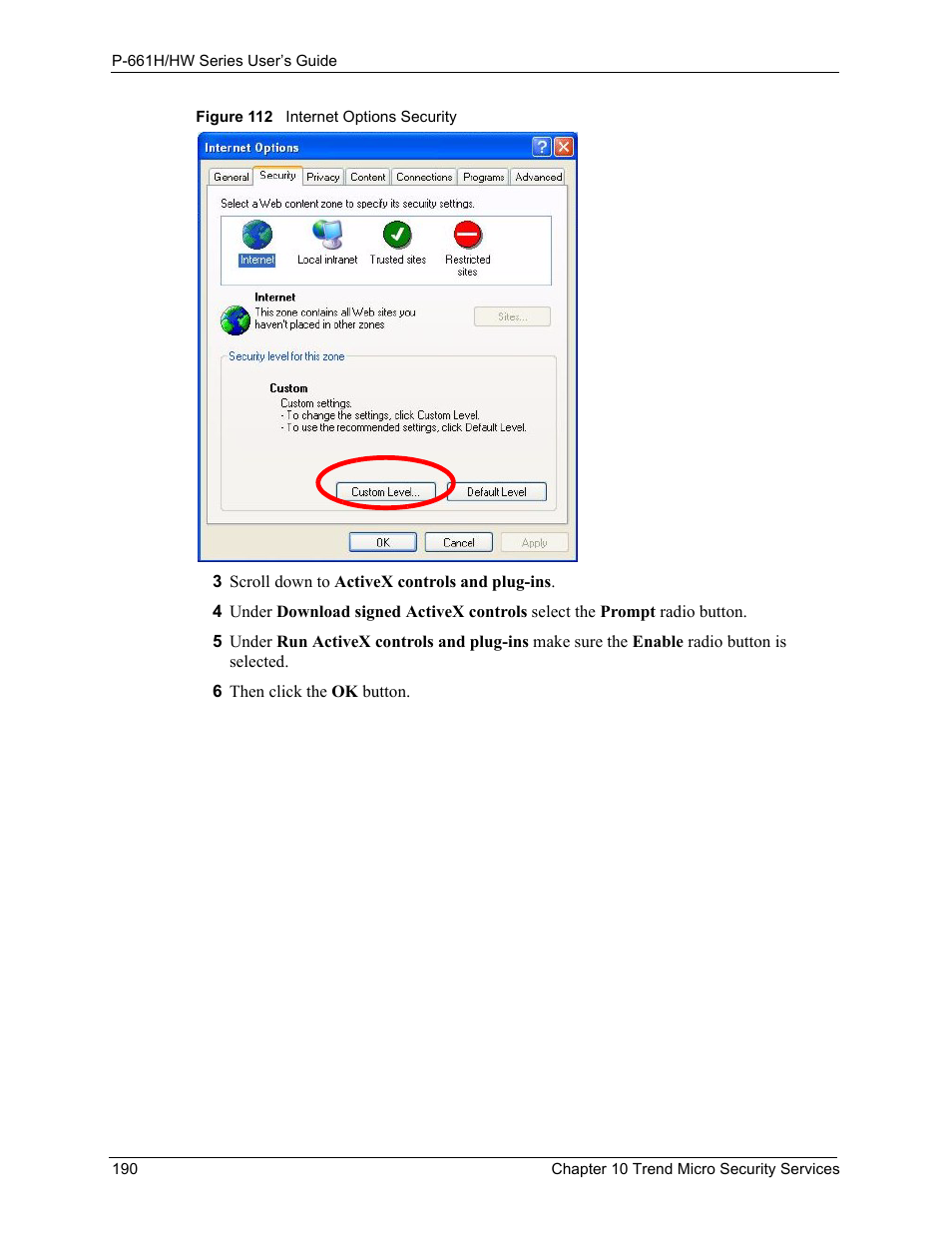 Figure 112 internet options security | ZyXEL Communications P-661H Series User Manual | Page 190 / 383