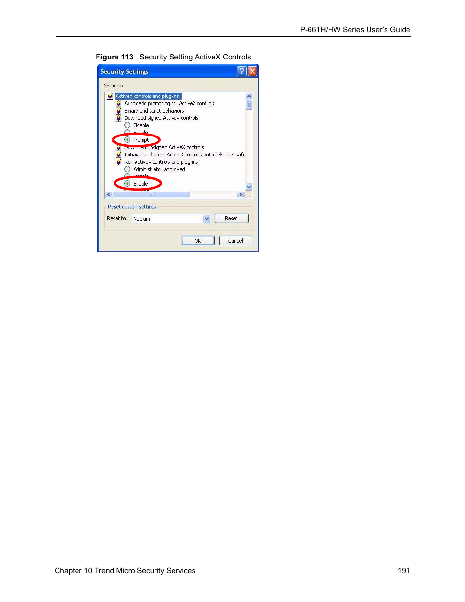 Figure 113 security setting activex controls | ZyXEL Communications P-661H Series User Manual | Page 191 / 383