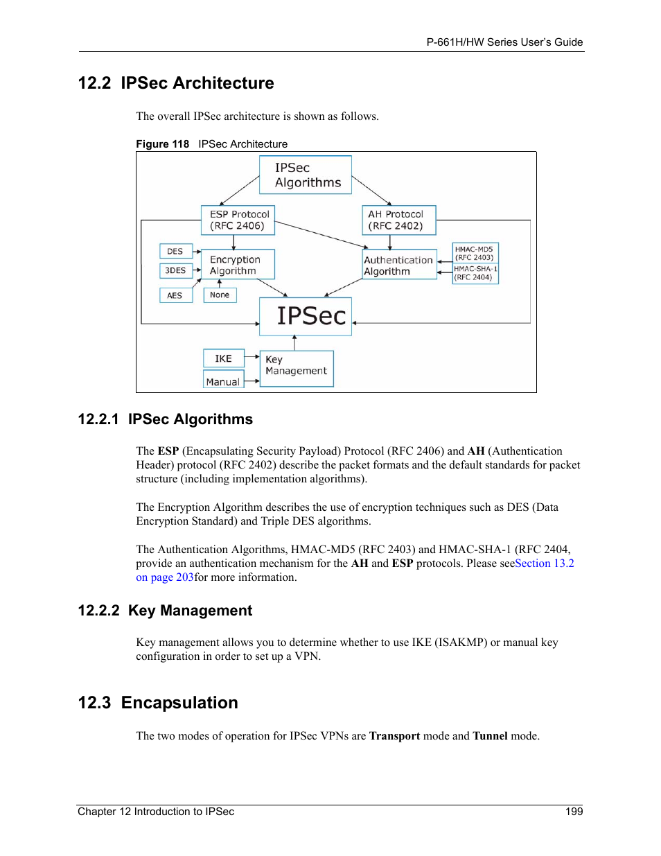 2 ipsec architecture, 1 ipsec algorithms, 2 key management | 3 encapsulation, 1 ipsec algorithms 12.2.2 key management, Figure 118 ipsec architecture | ZyXEL Communications P-661H Series User Manual | Page 199 / 383