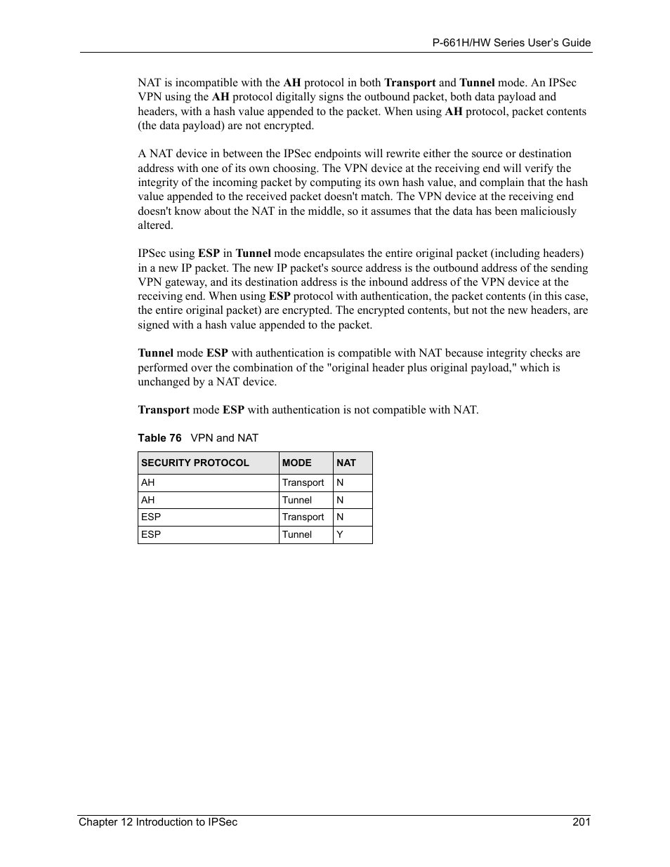 Table 76 vpn and nat | ZyXEL Communications P-661H Series User Manual | Page 201 / 383