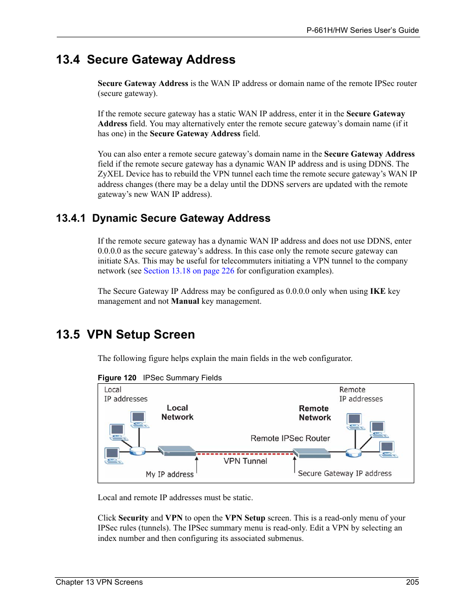 4 secure gateway address, 1 dynamic secure gateway address, 5 vpn setup screen | Figure 120 ipsec summary fields | ZyXEL Communications P-661H Series User Manual | Page 205 / 383