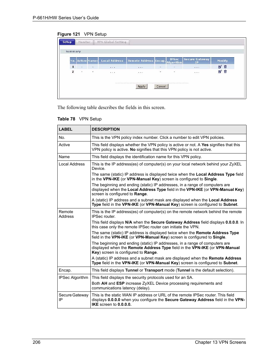 Figure 121 vpn setup, Table 78 vpn setup | ZyXEL Communications P-661H Series User Manual | Page 206 / 383