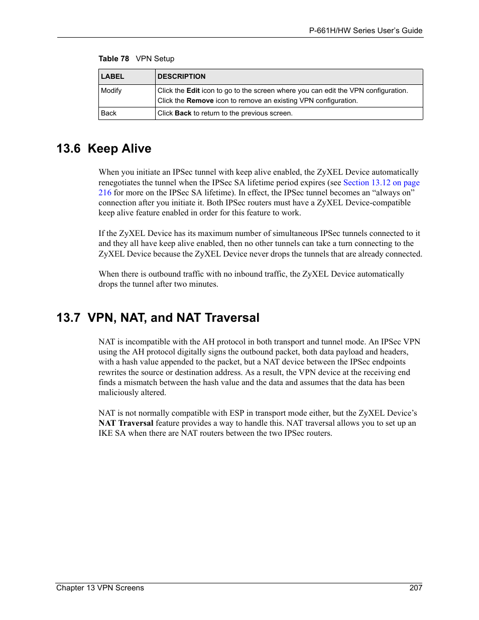 6 keep alive, 7 vpn, nat, and nat traversal, 6 keep alive 13.7 vpn, nat, and nat traversal | ZyXEL Communications P-661H Series User Manual | Page 207 / 383