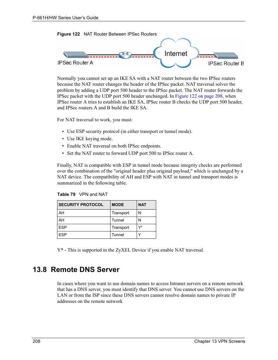 8 remote dns server, Figure 122 nat router between ipsec routers, Table 79 vpn and nat | ZyXEL Communications P-661H Series User Manual | Page 208 / 383