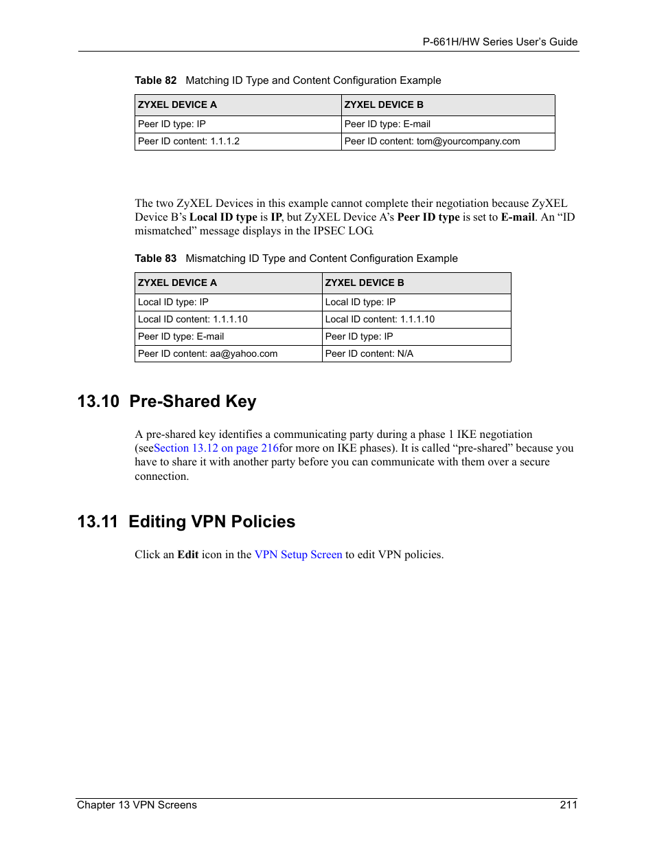 10 pre-shared key, 11 editing vpn policies, 10 pre-shared key 13.11 editing vpn policies | ZyXEL Communications P-661H Series User Manual | Page 211 / 383