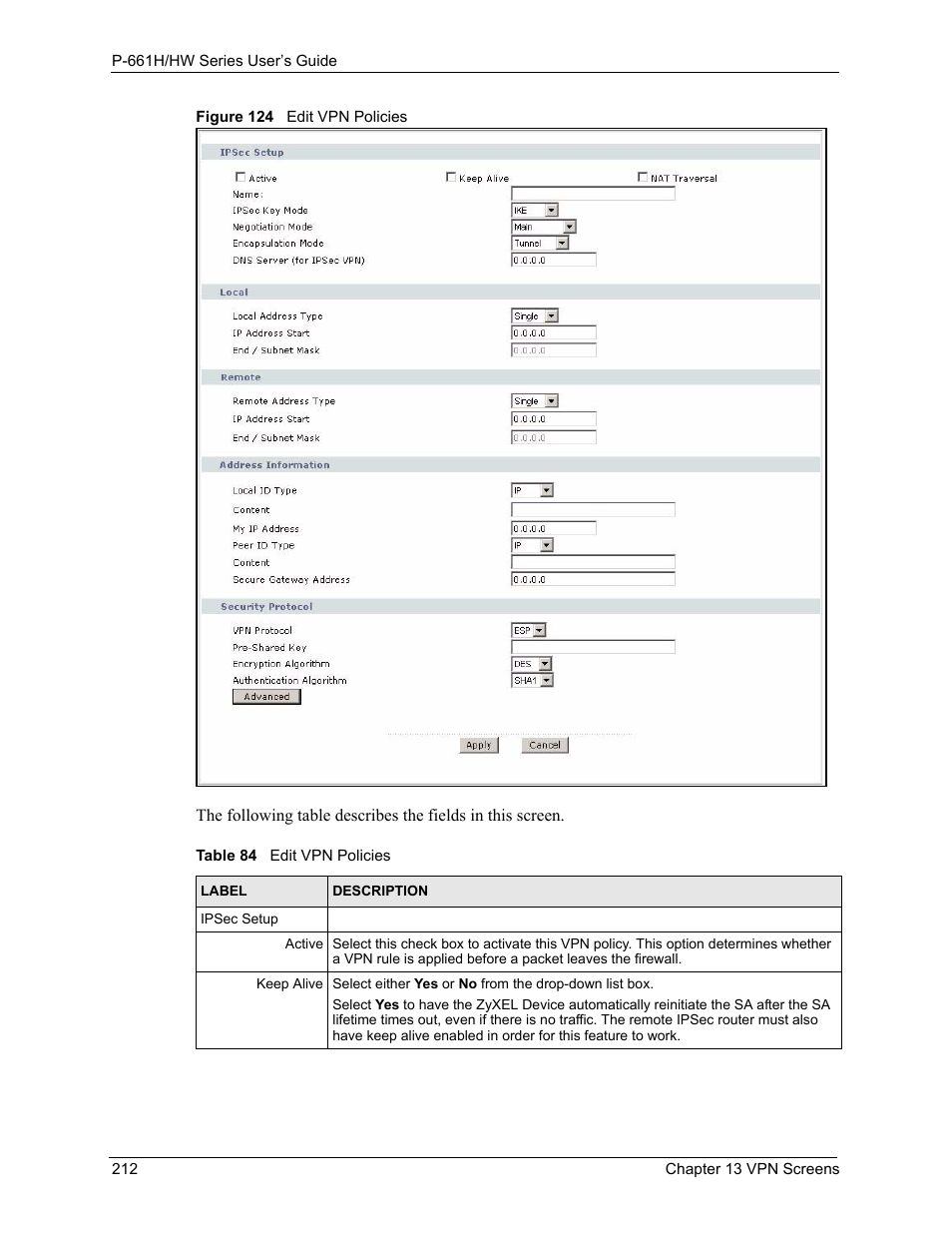 Figure 124 edit vpn policies, Table 84 edit vpn policies | ZyXEL Communications P-661H Series User Manual | Page 212 / 383