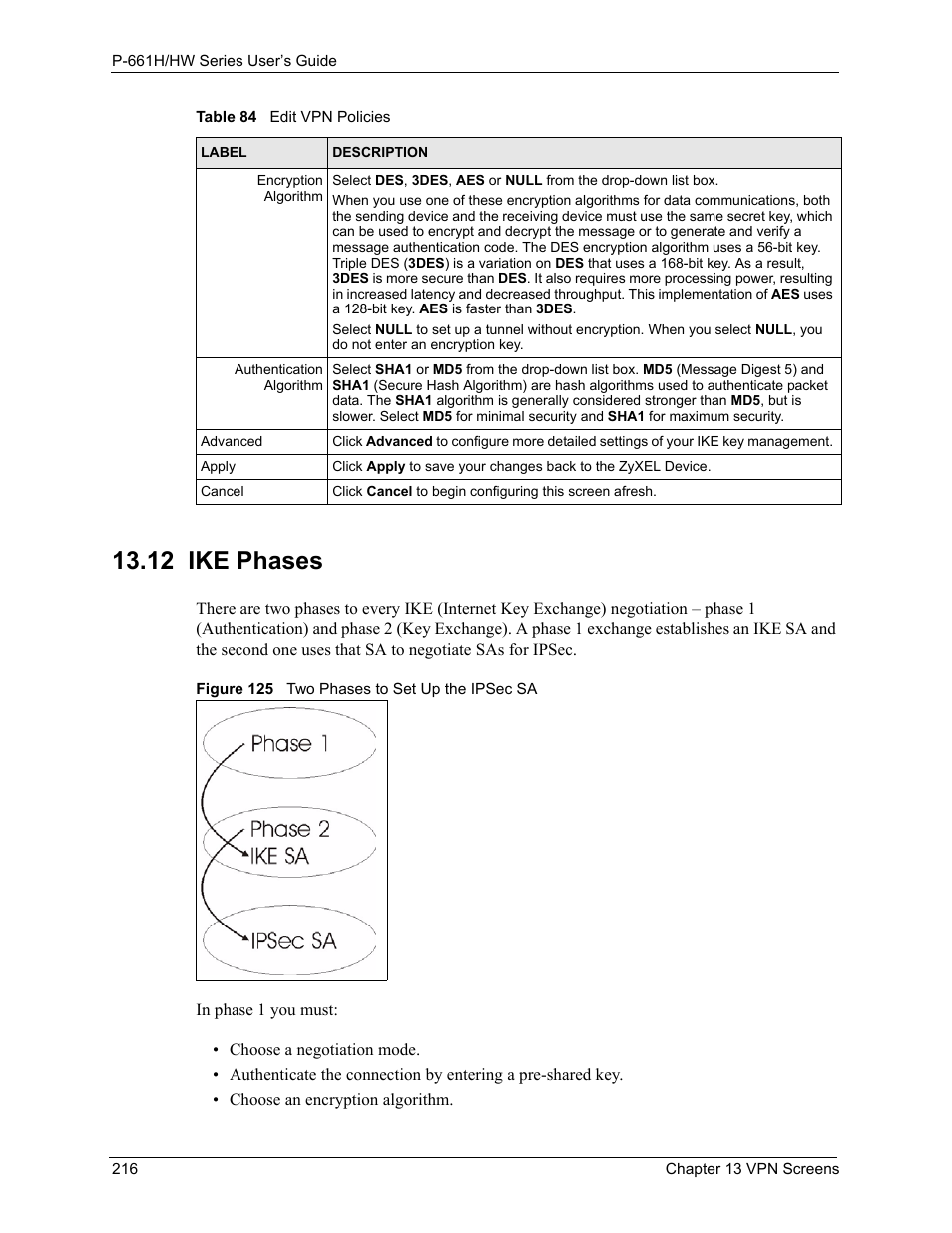 12 ike phases, Figure 125 two phases to set up the ipsec sa, For more on ike phases) | ZyXEL Communications P-661H Series User Manual | Page 216 / 383