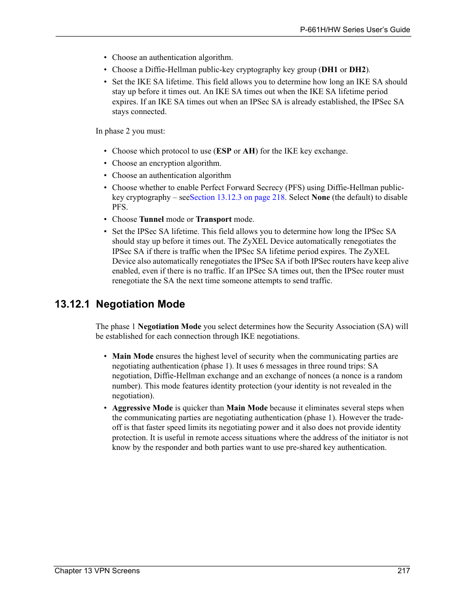 1 negotiation mode, Ith aggressive negotiation mode (see | ZyXEL Communications P-661H Series User Manual | Page 217 / 383