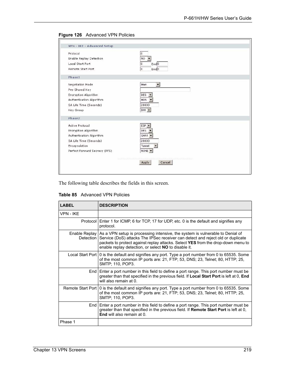 Figure 126 advanced vpn policies, Table 85 advanced vpn policies | ZyXEL Communications P-661H Series User Manual | Page 219 / 383