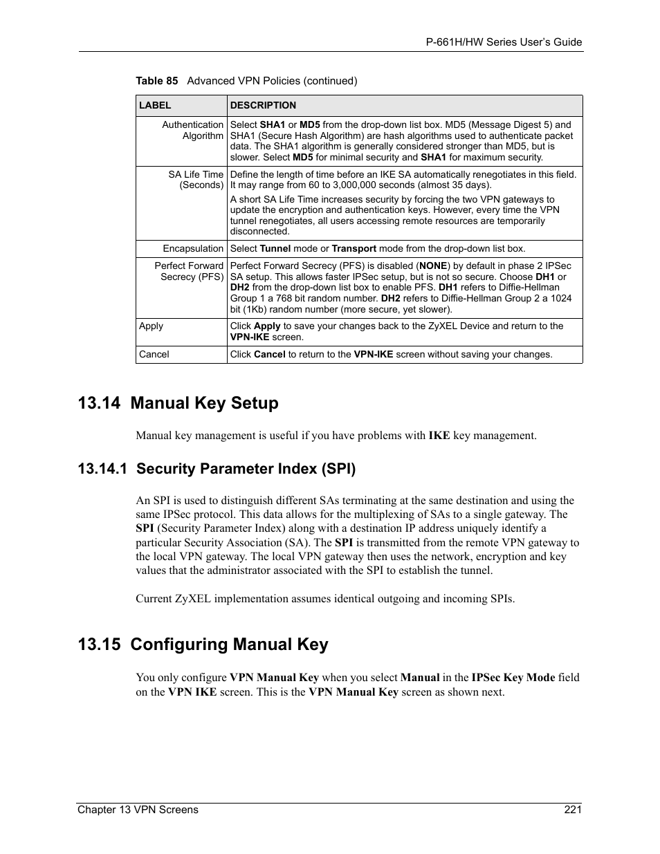 14 manual key setup, 1 security parameter index (spi), 15 configuring manual key | ZyXEL Communications P-661H Series User Manual | Page 221 / 383