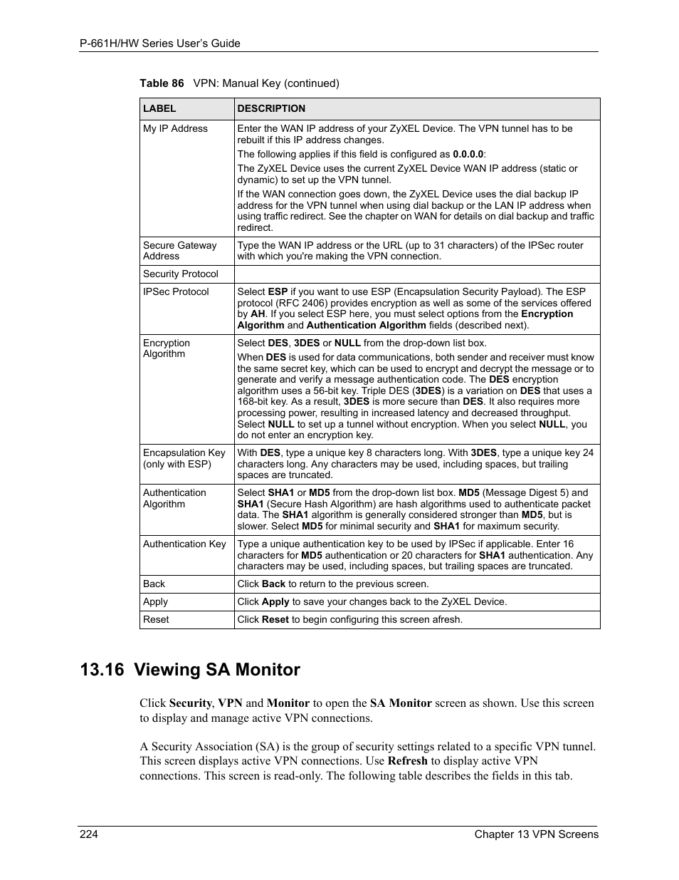 16 viewing sa monitor | ZyXEL Communications P-661H Series User Manual | Page 224 / 383