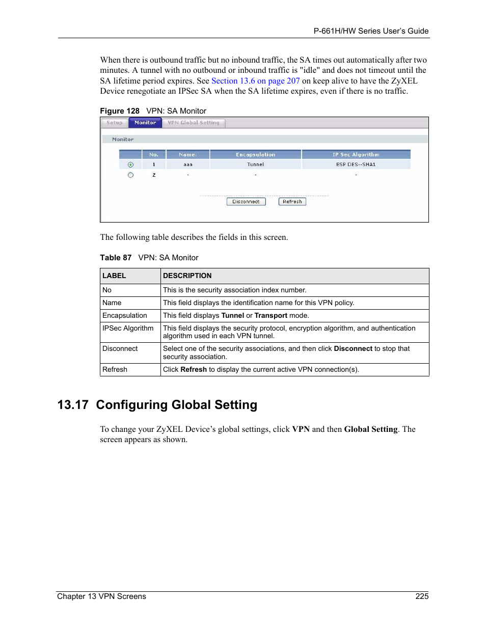 17 configuring global setting, Figure 128 vpn: sa monitor, Table 87 vpn: sa monitor | ZyXEL Communications P-661H Series User Manual | Page 225 / 383